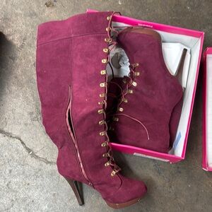 Women's Burgundy Lace-Up High Heel Boots